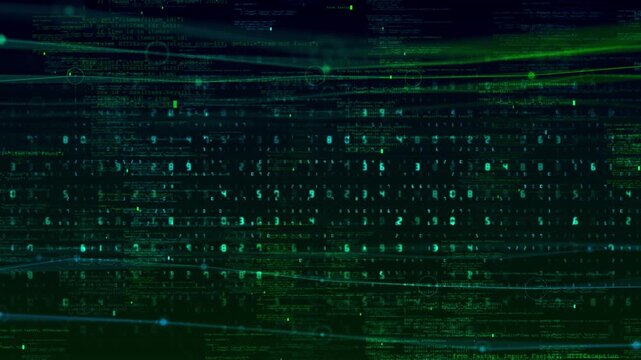 Dark green code layers, numeric glowing network lines create a cyber data environment developer screens, threat analysis, software systems, security visuals, computing futuristic technology videos.