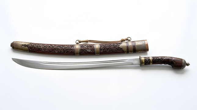 Traditional ornate yatagan sword with matching decorative scabbard.