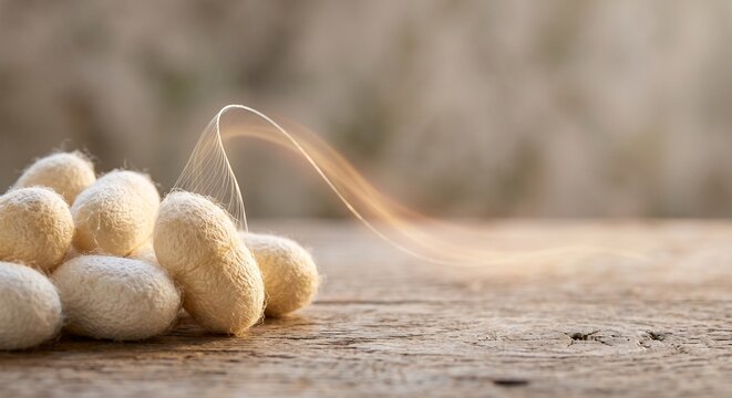 white silk cocoons on wooden table with single glowing thread unraveling