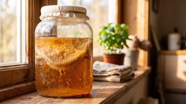 large glass jar of fermenting kombucha tea with scoby on windowsill