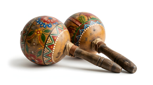 Two traditional wooden maracas with colorful hand painted floral patterns isolated on white.