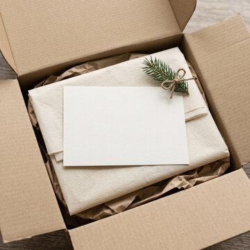 Unboxing parcel mockup with blank insert card and tissue paper