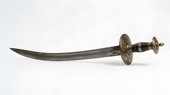 Antique curved Indian sword with circular guard and ornate handle.
