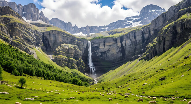 Pyrenees Mountains Cirque de Gavarnie with Waterfall and Green Valley