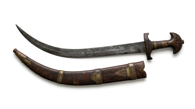 Antique curved sword and matching ornate leather scabbard.