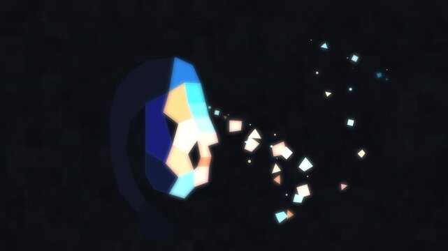 Geometric head with colorful particles exploding outward, abstract motion graphic, digital art, representing ideas or thoughts