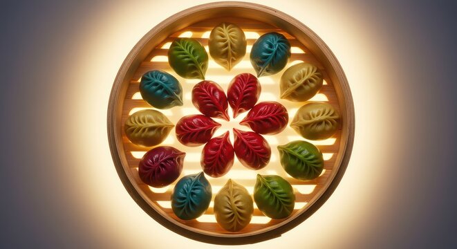 Vibrant circular arrangement of colorful handcrafted sweets on golden plate with warm glow