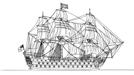 Line Art Sailing Ship Illustration, Historic Warship, Nautical Vessel © Gege