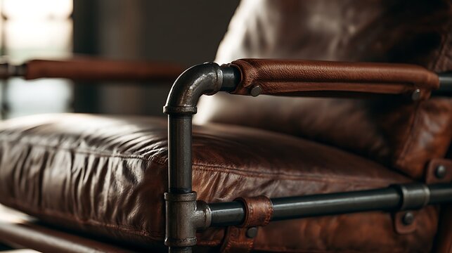 Close up of vintage leather armchair with industrial iron pipe frame details.