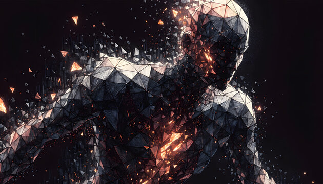 Polygonal geometric runner bursting with fiery energy. Athletic speed and digital transformation concept. Low poly cyborg figure moving forward in dark space