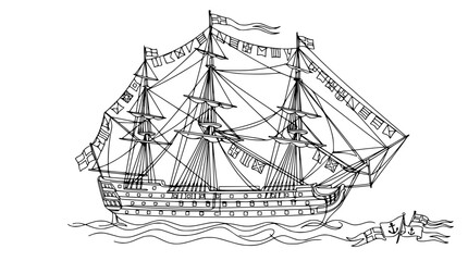 Sailing Ship Drawing, Vintage Naval Vessel, Nautical Illustration © Gege