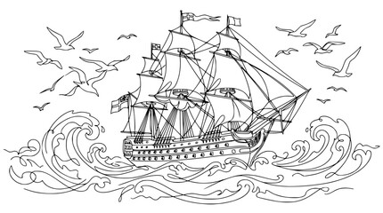 Vintage Sailing Ship Illustration with Seagulls and Waves, Isolated Outline © Gege