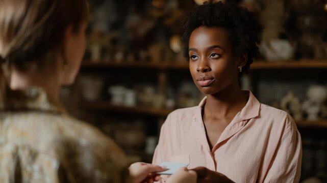 Happy Woman Customer Interacting with Shopkeeper in Retail Store