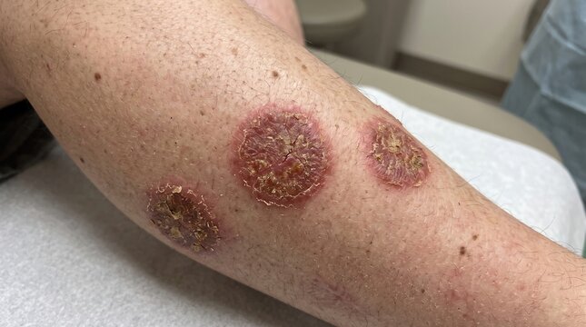 Nummular Eczema and Discoid Dermatitis Lesions on Human Leg Skin