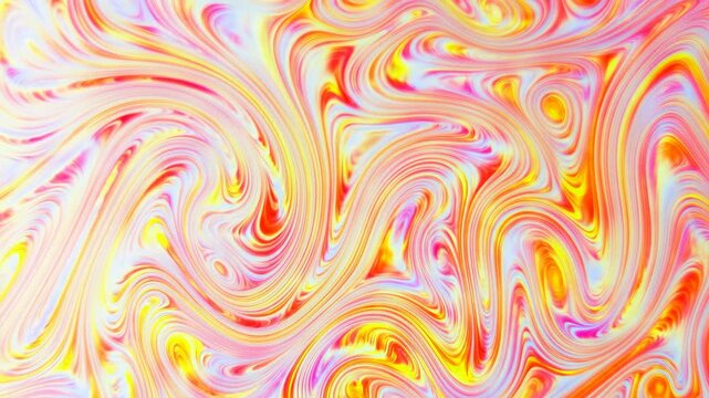Abstract marbled pattern slowly flows and reshapes into curling waves and spiral eddies, filling the frame with bright orange, pink, yellow, lavender, and creamy white bands