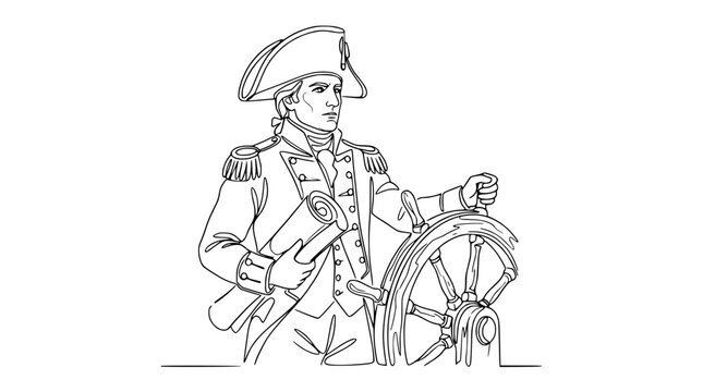 Historical Man in Naval Uniform at Ship Wheel, Holding Scroll, Isolated