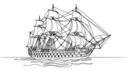 Vintage Sailing Ship Illustration, Black and White Line Art, Isolated on Transparent Background © Gege