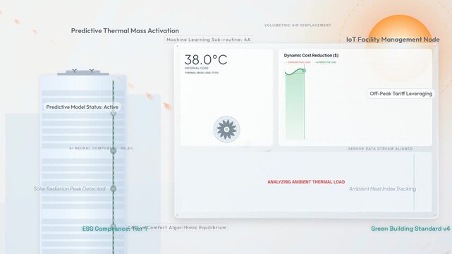Predictive thermal mass activation dashboard for smart building HVAC optimization, featuring IoT facility management, AI neural components, dynamic cost reduction, and ESG compliance tracking