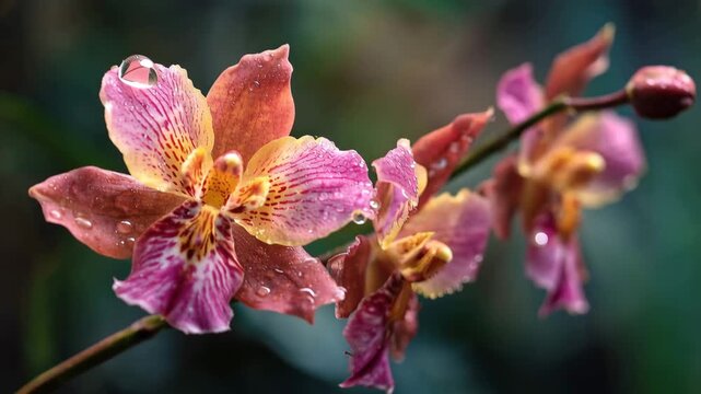 Macro Shot of Pink and Yellow Spotted Orchid Branch Covered in Water Droplets Video.