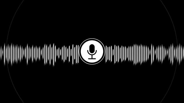 Minimal microphone symbol sits inside a moving white sound wave black, voice technology, podcast production, speech recognition, recording, narration, communication, audio interfaces media projects.