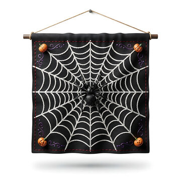 A single square Halloween wall hanging flag featuring an intricate large white spider web spreading across a matte black fabric background, a realistic black spider positioned at the center, tiny oran
