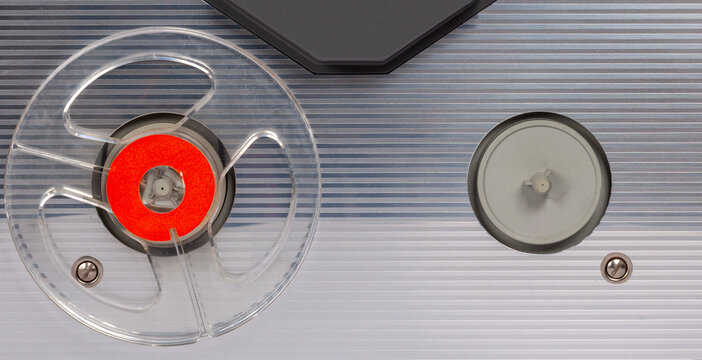 Close-Up of a Vintage Mechanical Tape Reel and Recording Mechanism
