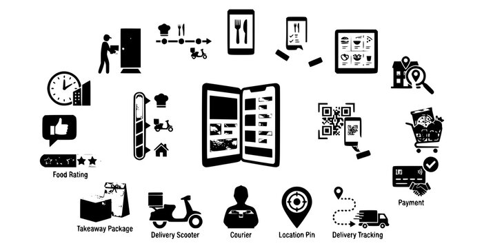 Online food ordering and delivery icon collection with restaurant app courier tracking and payment