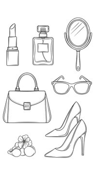 Fashion Accessories Collection Hand Drawn Line Art Vector Illustration
