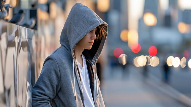 Young person in a hooded sweatshirt looks out at a blurry urban landscape.