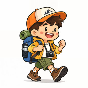Little boy with camera and backpack hiking through wilderness boy hiker young explorer active child hiking trip cartoon chara