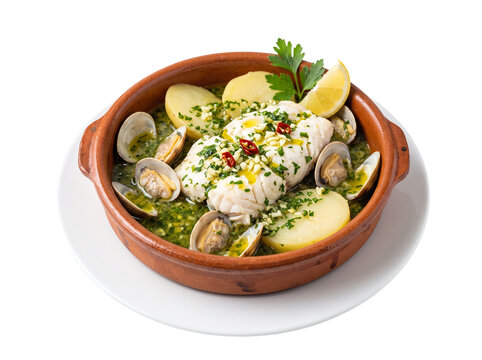 Traditional Spanish hake fish stew with clams and parsley sauce in a clay pot.