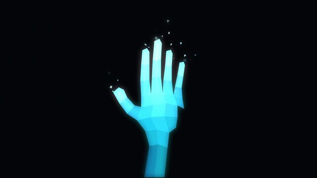 glowing neon hand outline dissolving into particles, digital futuristic technology concept
