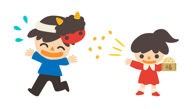 節分　赤鬼のお面を被った男性と豆まきをする女の子　ベクターイラスト