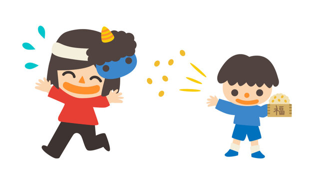 節分　青鬼のお面を被った女性と豆まきをする男の子　ベクターイラスト