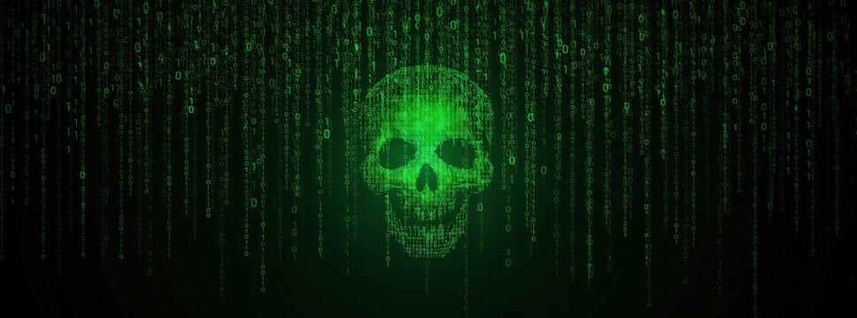 Cyber security threat and data breach concept photo. Glowing green digital skull in code matrix