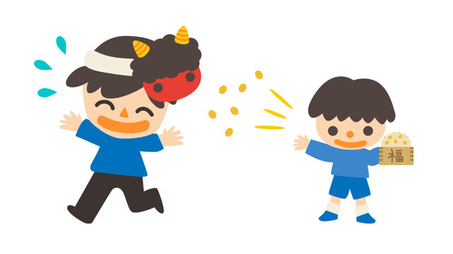 節分　赤鬼のお面を被った男性と豆まきをする男の子　ベクターイラスト