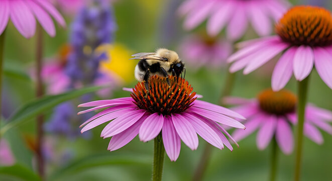 a bee pollinating a vibrant purple flower in a wildflower meadow