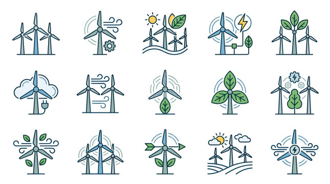 Vector illustration of a wind turbine farm with several white three-blade turbines situated on a green landscape against a blue sky background, representing renewable energy technology.