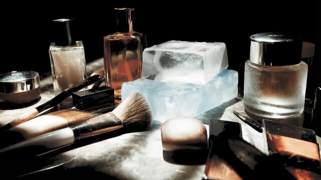 Luxury perfume bottles and makeup brushes displayed with ice cubes. Elegant arrangement of glass perfume bottles and cosmetic brushes alongside glistening ice cubes