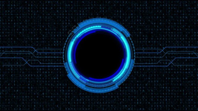 Blue rotating technology ring numeric code connected circuit futuristic scanning interface biometrics, cyber authentication, data analysis, system security dashboards digital control displays