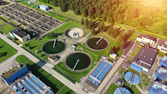 Sunset aerial shot of water recycling infrastructure
