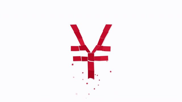 Animated yen symbol falling apart on white background, financial crisis concept, currency devaluation