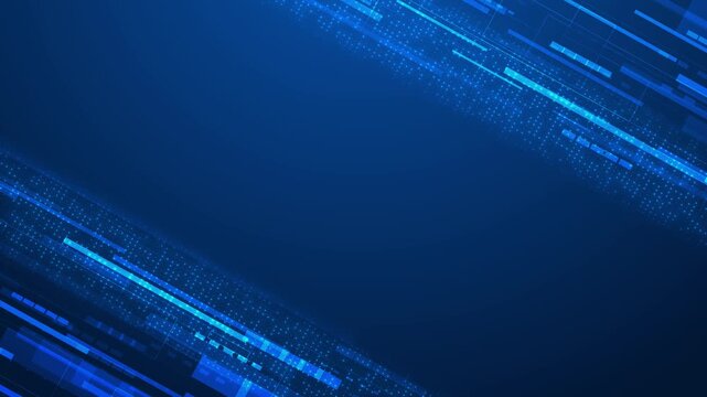 Abstract blue data interface with luminous pixels, lines and geometric accents leaves copy space for AI, cyber security, software, finance, analytics, business branding, presentations and tech videos.