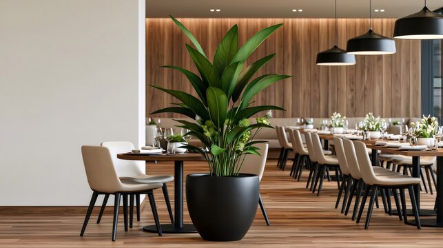 Modern restaurant interior with elegant wooden accents