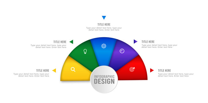 Semi circular 5 options colorful 3D half circle timeline infographic isolated on light background vector