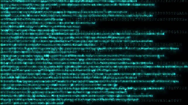 Futuristic green code walls with glowing letters, numbers and noise suggests encryption, cyber threats, programming, hacking, software analysis, data streams, network security and computer processing.
