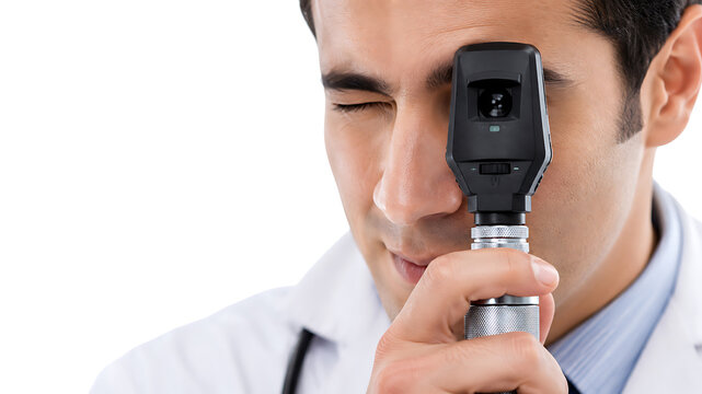 Doctor examining patient eye with ophthalmoscope in bright clinical close up portrait