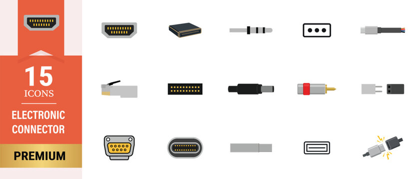 Set of 15 flat vector icons representing various electronic connectors and cable ports for digital devices and hardware connectivity