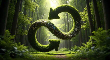 Obraz premium a circular economy concept with arrows forming a loop in a lush green forest
