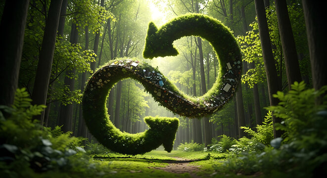 a circular economy concept with arrows forming a loop in a lush green forest